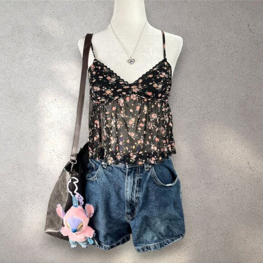 RSQ Babydoll Top Women’s XS Black Floral Sheer Spaghetti Strap Y2K Fairy Grunge